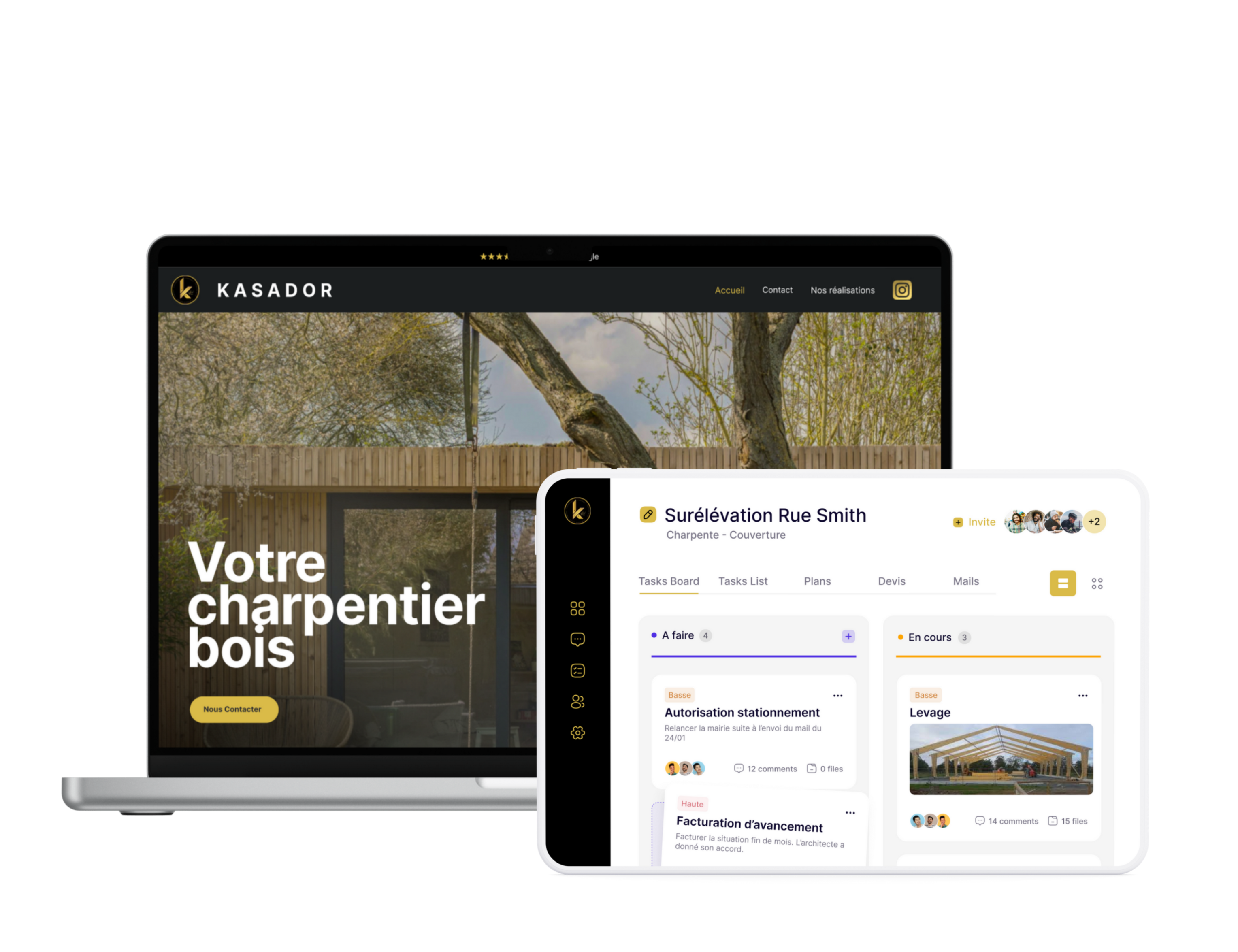 Kasador, site vitrine charpentier bois et application de suivi chantier